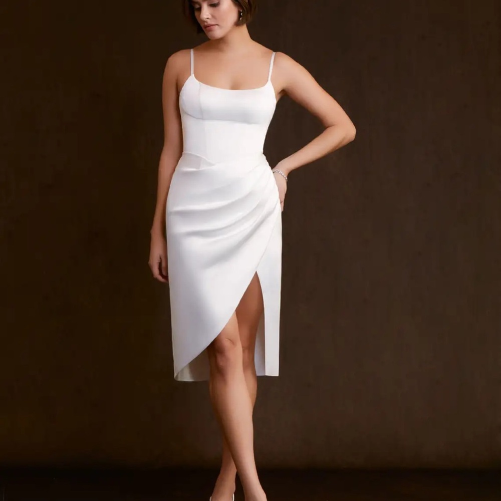 Azazie White Rosina Diamond White Sheath Pleated Stretch Satin Dress